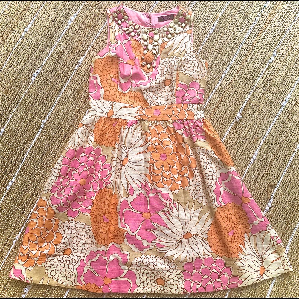 Floral A- Line summer dress w/ jeweled neckline.